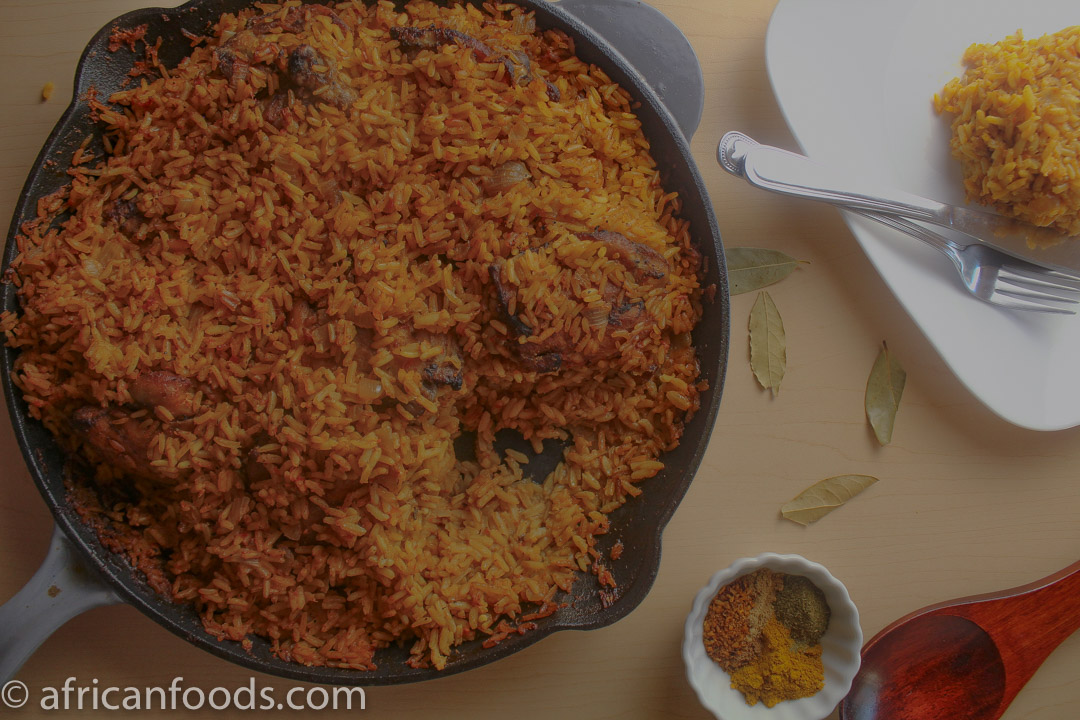 Oven baked Jollof rice and ingredients